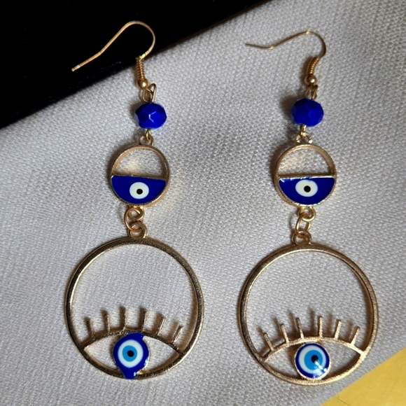 Elegant Gold Tone Blue Evil Eye Earrings - Picture 1 of 15